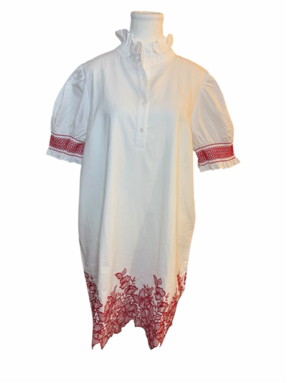 Hyacinth House White Red Floral Lace Hem Smocked Puff Sleeve Mini Dress XL NWT - Picture 3 of 8